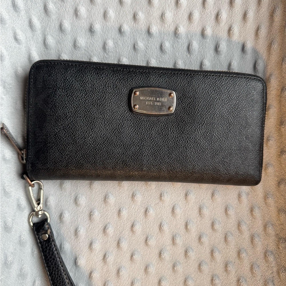 Michael Kors Black Leather Zip-Around Wristlet Wallet with Logo Plaque